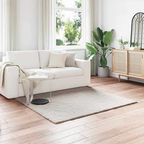 YunCangg Rutschfester Teppich Läufer aus Kunstkaninchenfell Polyester 120x120 cm Beige, Hochflor Bodenschutz Matte für Wohnzimmer Schlafzimmer Kinderzimmer, weicher Flokati Vorleger für Diele Flur