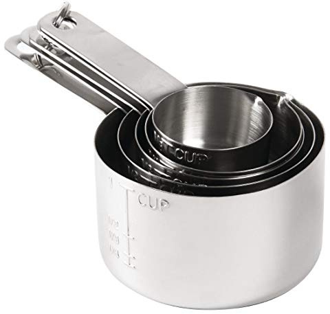 Vogue Stainless Steel Measuring Cup Set of 5 J424 | Heavy-duty rust-resistant metal resists wear, providing multiple capacities for precise commercial kitchen portion control.