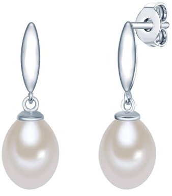 Valero Pearls Damen Perlenohrhänger 925/- Sterling Silber mit Hochwertiger Süßwasser-Zuchtperle 8-9 mm Tropfenform Weiß - Silberohrstecker mit Perle