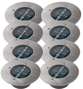Lot de 8 spots solaires LED modernes Spot de sol ronds en acier inoxydable/Verre pour extérieur