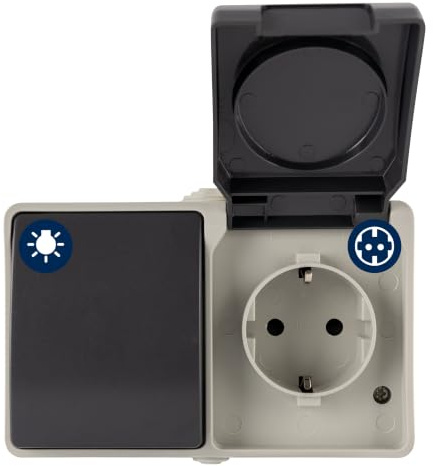 REV AquaStorm SPARSET 5x A/W + Steckdose, grau | Schalterkombi: Lichtschalter + Steckdose | IP54 - Feuchtraum geeignet | Aufputzmontage | 230V, 16A