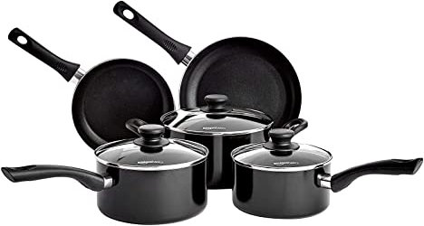 Amazon Basics Ensemble de batterie de cuisine 5 pièces anti-adhésifs avec couvercles, pour plaques à induction, Noir