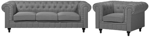 Klassisk soffgrupp 3-sits fåtölj Knäppt Grå Chesterfield Stor
