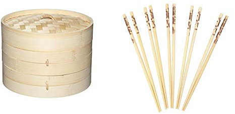 KitchenCraft World of Flavours Bamboo Steamer Basket, 2 Tier, 20 cm & Dexam Bamboo Chopsticks with Dragon Print Pack of 10 pairs