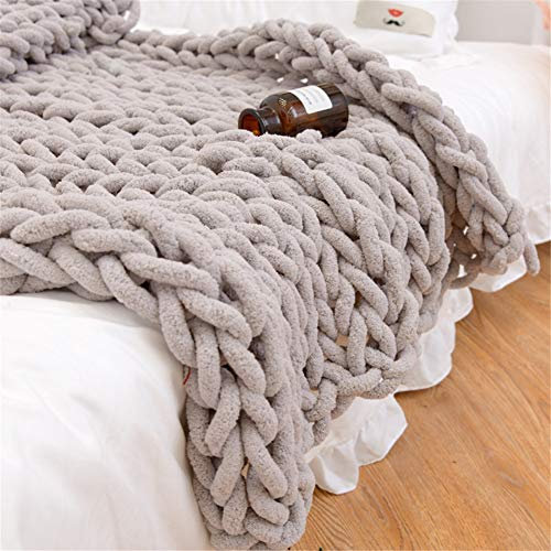 Martin Kench Gestrickte Decke, Grob Gestrickte Kuscheldecke Wolldecke Strickdecke Tagesdecke Überwurf Decke Tagesdecke für Sofa Zuhause Deko Geschenk (Hellgrau,120 x 150 cm)