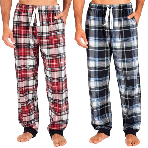Style It Up 2 Pack Mens Lounge Pants Pyjama Pj Bottom Tartan Check Plain Nightwear Soft warm Fleece Cuffed pants with pockets and pull cords (Black/Red, Black/White, Large)