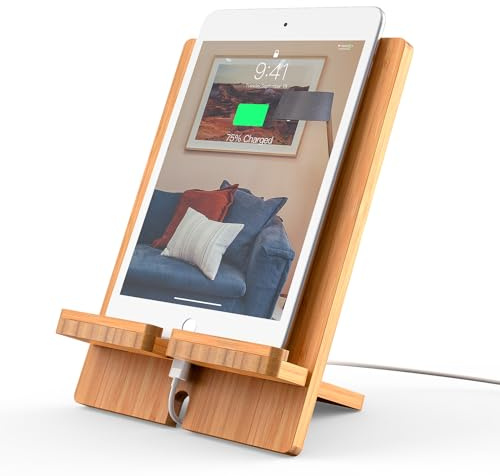 Pezin & Hulin Bamboo Tablet Stand Adjustable -Natural Bamboo | Desktop Cell Phone Stand Holder Dock Compatible with Pad Air/Pro/Mini, E-Reader, Smartphone (Support to 4.7-13 Devices)