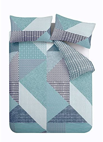 Catherine Lansfield Larsson Geo Reversible Double Duvet Cover Set with Pillowcases, Teal Green, Double