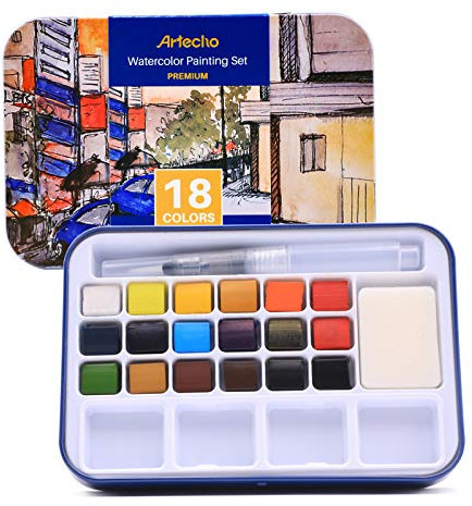 Artecho Watercolour Paint Set, 18 Colors, Watertbrush Pen Included, Lightweight and Portable,Watercolour Paints for Artists and Beginners