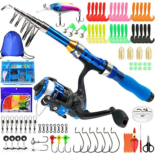 Kilitn Angelrute für Kinder, 1,5 m, tragbar, Teleskop-Angelrute und Angelrolle, Combos Schnur mit Angelschnur, komplettes Set, Jugend-Angelrute, Angelzubehör Jungen, Mädchen Erwachsene