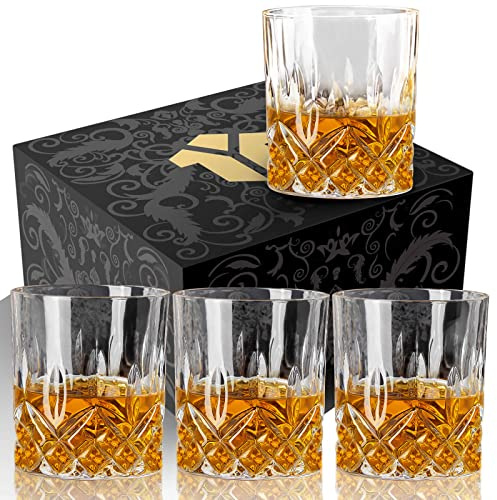 OPAYLY Whiskey Glasses Set of 4, Rocks Glasses, 10 oz Old Fashioned Tumblers for Drinking Scotch Bourbon Whisky Cocktail Cognac Vodka Gin Tequila Rum Liquor Rye Gift for Men Women at Home Bar