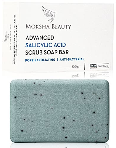 MOKSHA Savon exfoliant à l'acide salicylique, pour l'acné, les points noirs, les imperfections, les peaux grasses et sensibles, pour hommes et femmes | Sans cruauté - 100g