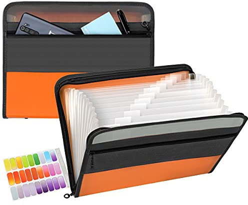 Dokumentenmappe 13 Fächern, TRANBO Fächermappe Datei Organizer mit Reißverschluss, Erweiterbar Ordnungsmappe Mappe/Ordner Organizer A4/Document organizer für Büros und Schulen (Dunkelgelb)