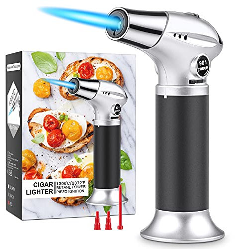 Küchenbrenner Flambierbrenner, Nachfüllbar bunsenbrenner feuerzeug klein creme brulee brenner mit Sicherheitsverschluss für Küche Kochen Creme Brulee Backen Camping BBQ Löten