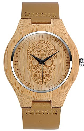 SUPBRO Holzuhren Herren Holz-Armbanduhr Schädel Herren Natur Hölzerne Uhr Analog Armbanduhr Japanisch Holzuhr Quarzwerk Uhr Lederband