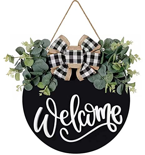 Welcome Sign for Front Door Porch Decor Farmhouse Wreath Wall Decor Φ30cm Round Wooden Hanging Housewarming Home Decor for Home Outdoor Indoor (Black)