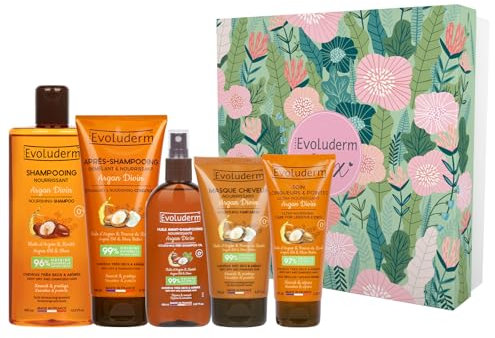 EVOLUDERM – Coffret - Argan Divin - Avant-Shampoing + Shampoing Nourrissant + Après-Shampoing Démêlant + Soin Longueurs & Pointes + Masque 150 ml - Fabrication Française (Jungle)