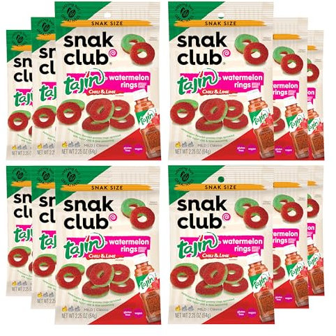 Snak Club Tajin – Lot de 12 anneaux de pastèque, collations gélifiées au chili et au citron vert, douces en chaleur et saveur audacieuse, collation sans gluten, 64 g