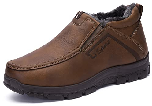 COSIDRAM Men Winter Snow Boots Cotton-Padded Leather Slip-on Casual Comfortable Fashion Outdoors Walking Sneakers Waterproof Anti-Skid House Shoes Brown 11