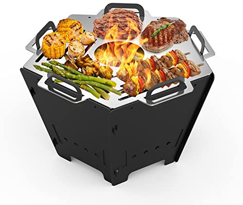 onlyfire Feuerschale Faltbar und Mobil, Feuerstelle mit Grillrost, Portable Fire Pit Outdoor, Feuerschalen für den Garten, Picknick, BBQ, Camping Holzofen, Feuerkörbe Grill