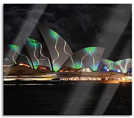 Sydney Opera House Beleuchtung Herdabdeckplatte & Spritzschutz aus Echtglas | Für Herd-Kochfelder | 60x52 cm