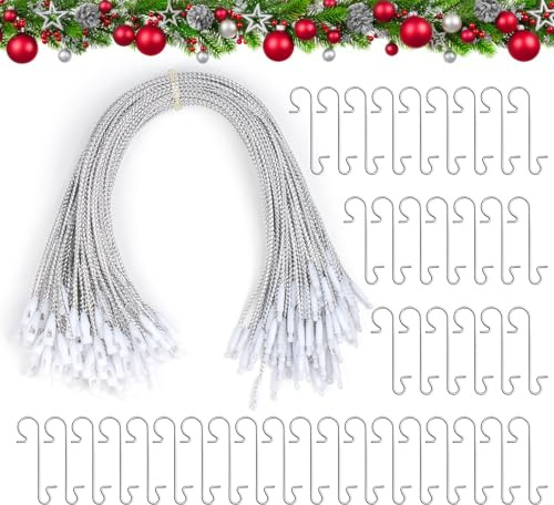 ilauke 200 Stück Weihnachtskugel Aufhänger Set, Wiederverwendbar 2-in-1 Komplettset mit Aufbewahrungsbox, Ink. 100x Stabile S-Haken + 100x Snap-Lock Ornamentschnur (20cm) für Deko Weihnachten, Silber