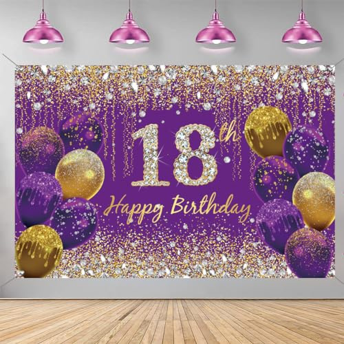 18. Geburtstag Deko für Mädchen, Lila Glitzer Flecken Stoff Schild Plakat Geburtstag Party Dekoration Hintergrund Banner Mädchen, 18 Geburtstagsfeier Deko
