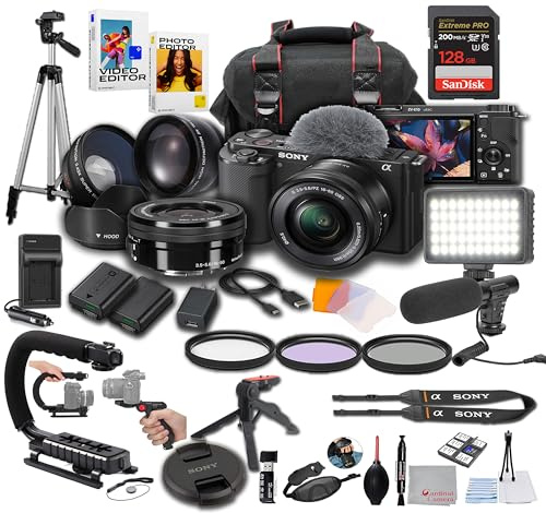Sony ZV-E10 + 16-50mm Lens, LED Light, Microphone, 128GB Extrem Speed, U-Grip, Filters, Tripod, Case, Software, & More – Pro Video Bundle (38pc)