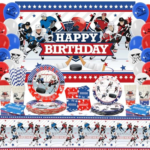Obussgar Hockey Geburtstag Party Dekorationen - Ice Hockey Party Zubehör gehören Kulisse, Kuchen Topper, Teller, Tassen, Servietten, Luftballons für Jungen und Mädchen Geburtstagspartys (Kulisse)