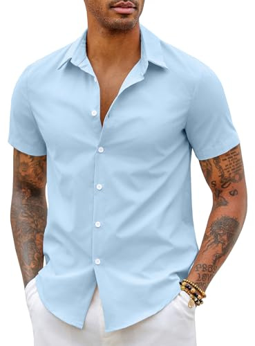COOFANDY Men's Shirt Short Sleeve Shirt Casual Shirts Wrinkle-Free Dress Shirt Slim Fit Office Shirts Summer Shirt Work Office Button Down Shirts Blue L