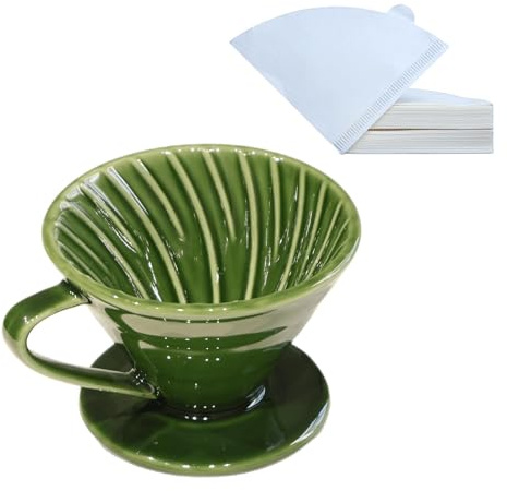 LonMuseum Ceramic Pour Over Coffee Dripper includes 50 Filters Porcelain Coffee Maker 01 Hand Drew Brewing Pottery Green Portable Artisanal Manual Gift for 1-2 People Home, Office, School, Camping