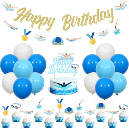 JOYMEMO Swimming Birthday Party Decorations - Swimming Happy Birthday Banner Garland, Cake Topper with Swim Themed Cupcake Toppers, Summer Swimming Pool Birthday Party Supplies for Boys or Girls