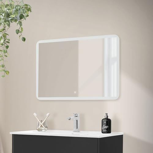 ML-Design Miroir de Salle de Bain avec Éclairage LED, Blanc Clair, en Verre, 90 x 60 cm, Forme Carré, Miroir Mural Lumineux avec Interrupteur Tactile, Fixation Murale, Idéal pour Salle de Bain, Salon
