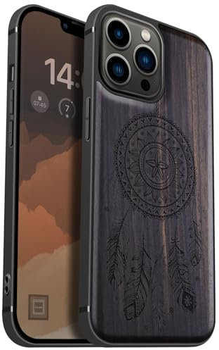 Carveit magnétique Coque pour iPhone 13 Pro Max Étui [Antichoc Pare-Chocs en TPU Souple] Case de Téléphone Compatible Magsafe 13 Pro Max Coque (Bois Sombre-Attrape-rêves)