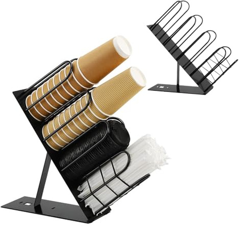 Niciksty Soporte para tazas y tapas con organizador de popote, organizador de estación de café, dispensador de tazas desechables de 3 compartimentos, organizador de tazas y tapas para estación de
