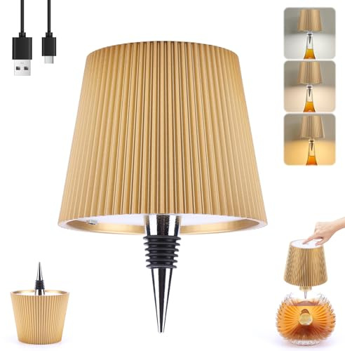 Lampada for bottiglia senza fili Ricaricabile 2000mAh Lampada for bottiglia di vino a LED 3 colori dimmerabile (Oro)