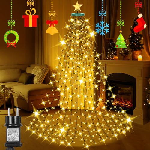 Laybasic Christbaumbeleuchtung mit Ring und Stern, 2m 410 LEDs Lichterkette Weihnachtsbaum Beleuchtung mit 8 Modi Timer, LED 16 Stränge, für 150cm bis 220cm Tannenbaum, Warmweiß