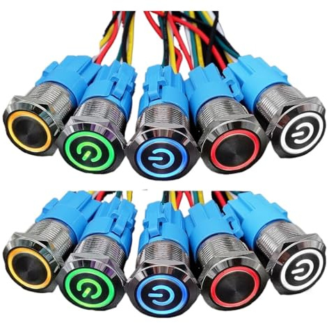 10 pcs Metal Push Button Switch with connector 12v 16mm 19mm 22mm Ring Lamp Power Symbol Waterproof LED Light Self lock reset 24 IDGTTLDF(19mm Silver,110V-220V with wire)