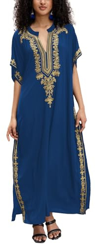 L-Peach Vestido de noche amplio con abertura lateral bordada estilo caftán turco, vestidos de playa caftán para traje de baño, bikini, túnicas de playa, E Azul, Altoa única