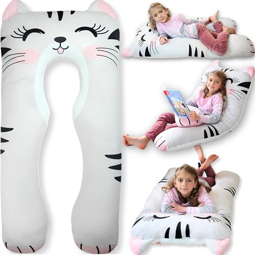 LUNAMIRA Cat Kids Body Pillow - 47 U-Shape Long Plush Soft Animal Pillow for Kids, Sleeping, Reading, ADHD & Special Needs Comfort, Anxiety, Washable Cover, Snuggle Fun Cuddle Gift for Boys & Girls
