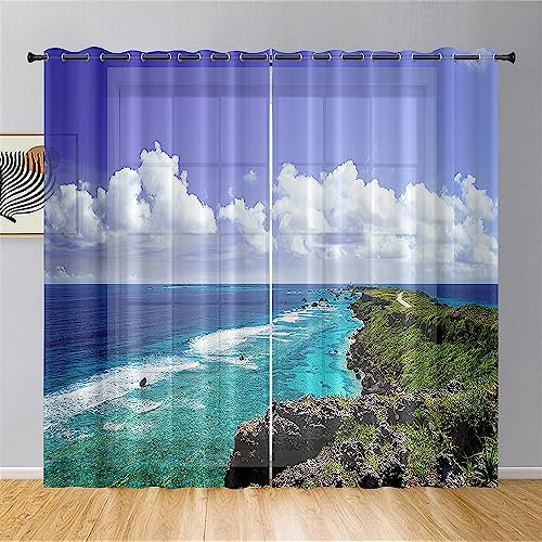 Lukery Vorhänge mit Ösen, Transparent Vorhänge Wohnzimmer 2er Set, 3D Seelandschaft Halbtransparent Gardinen Vorhänge Durchsichtig für Fenster Küche Wohnzimmer Landhaus (132x213cm,Lila)