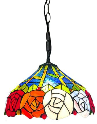 BOTOWI Tiffany Lampe Rose Pendelleuchte 12 Zoll breite Buntglas-Deckenleuchte Vintage Hängelampe für Küche Insel Arbeitszimmer Esszimmer Flur Theke,R2