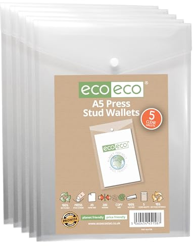 eco-eco eco158 Sichthülle mit Druckknopf, A5, 50% recycelt, transparent, Hochformat, Kunststoff, 230 x 170 mm, 5 Stück, 200 mic, eco158