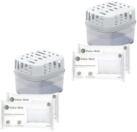 HaGa® Déshumidificateur avec granulés - Humidificateur sans électricité pour un climat intérieur sain jusqu'à 36 m² - 2 boîtes avec 4 recharges de coussins en granulés de chlorure de calcium -