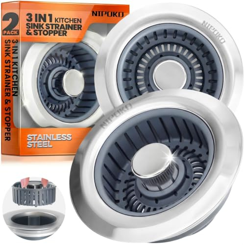 3 in 1 Kitchen Sink Strainer and Sink Plug, Upgraded Stainless Steel Drain Plug with Anti-Clogging Basket Drain Plug Combo, Pop Up Sink Plug for Standard 3.5 Drain