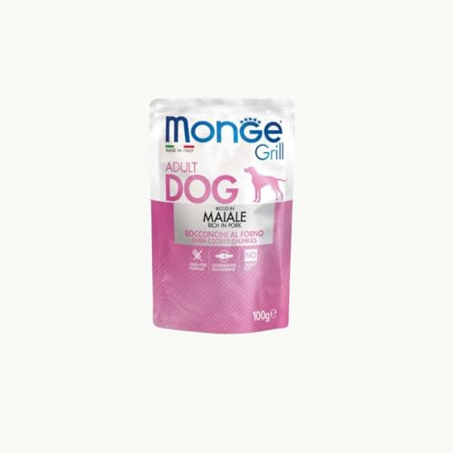 Monge grill Cane, alimento completo per cani adulti, bocconi al forno gusto MAIALE 100gr | Promo 10 bustine da 100gr + 2 OMAGGIO.