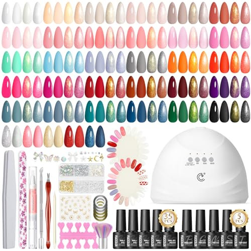 PEACECOLOR 57PCS Gel Nail Polish Set: 35+5 Colours Gel Nail Polish with Lamp, Green Red Nude Nail Kit, Glossy Matte Glitter Top Coat, Salon Full Set for Women Gifts