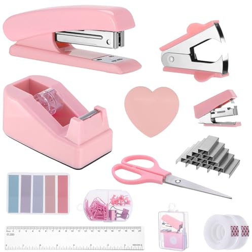 Candcamp Rosa Bürobedarf Set, Rosa Heftgerät und Klebebandabroller Set mit Heftklammerentferner, Heftklammern, Schere, Clips, Klebeband, Tabs, Lineal, Schreibtischzubehör für Studenten, Zuhause, Büro