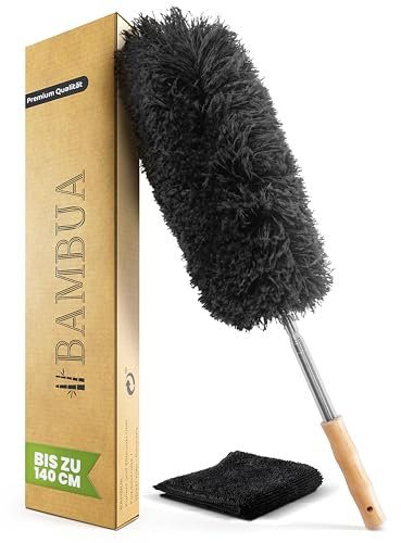 BAMBUA Staubwedel Teleskop - Effektiver Staubfänger mit erstklassiger Mikrofaser - Nachhaltiger Bambusgriff - Premium Staubwischer inkl. Mikrofasertuch - Teleskop Staubwedel lang ausziehbar (140cm)