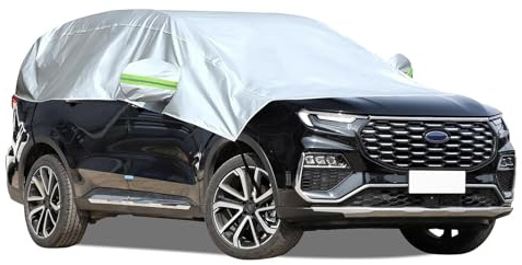 Btstil Half Car Cover for SUV, Car Windshield Cover with Reflective Straps, Universal Car Top Cover Waterproof UV Resistant Snow and Ice Protection (Silver)